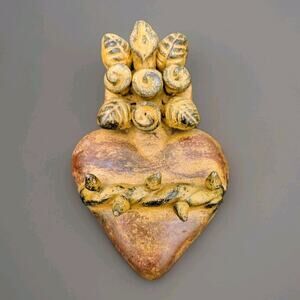 Rustic Mexican Folk Art Clay Sacred Heart Wall Art Hanging Crown Of Thorns 6.25"